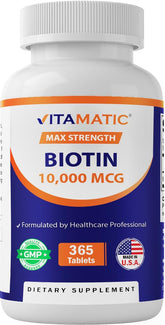 Frasco Vitamatic Biotina 10000mcg para uso diario y apoyo cabello, piel y uñas.