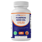 Vitamatic botella de cápsulas blandas con aceite de calabaza para uso diario.