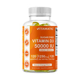 Vitamatic D3 gomitas naranja en botella, sabor natural para apoyar huesos y dientes.