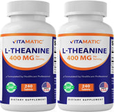 Vitamatic L-Theanine tabletas 400 mg, frente del frasco, posible apoyo para la calma diaria.