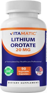 Vitamatic Lithium Orotate: botella frontal con cápsulas veggie fáciles de tragar