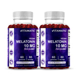Vitamatic Melatonina 10 mg, frente del bote, gomitas sabor fresa para una experiencia agradable.