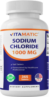 Vitamatic Sodio Cloruro 1000mg en botella, tabletas para reposición de electrolitos.