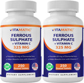 Vitamatic sulfato ferroso 65 mg con vitamina C, frente de la botella para absorción