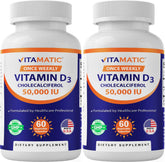Vitamatic Vitamina D3 50,000 UI, botella con dosis semanal para huesos y músculos.