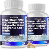 Vitamax Resveratrol NAD+ Berberina con ácido hialurónico en botella para bienestar general