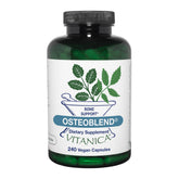 Vitanica OsteoBlend, botella con cápsulas, apoya potencialmente la salud ósea diaria.