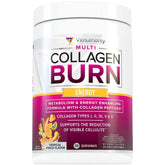 Vitauthority Multi Collagen Burn botella frontal muestra energia diaria y sabor tropical