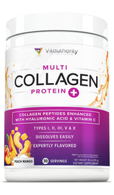 Vitauthority Multi Collagen durazno mango, bote frontal, belleza de piel y cabello