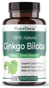 Viva Doria Ginkgo Biloba envase frente, posible apoyo a la concentración diaria.