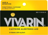 Vivarin tableta cafeína 200 mg en empaque, energía rápida para estudiar.