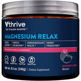 Vthrive Magnesium Relax en botella para uso diario que favorece la relajación muscular.