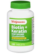 Walgreens Biotin Keratin: tabletas en botella para cabello y uñas más fuertes.