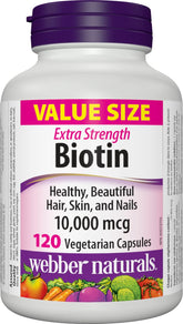 Webber Naturals Biotina de alta potencia en frasco para cabello y uñas saludables.