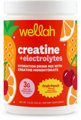 Wellah Creatina y Electrolitos Fruta Tropical, bote con 30 porciones para hidratación y energía.