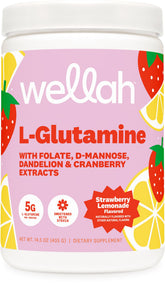 Wellah L-Glutamina, vertido sabor fresa limonada, apoyo al bienestar diario.