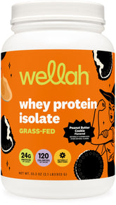 Wellah proteina whey aislada de pasto en botella con galleta mantequilla cacahuete, snack proteico.