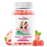 Wellcatcher NAD+ gominolas sabor durazno en envase para energía diaria.