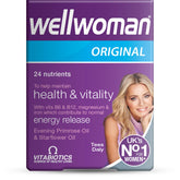 Wellwoman cápsulas frente al bote, uso diario para mujeres activas.