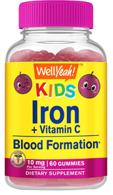 WellYeah gomitas de hierro para niños, frasco cerrado, sabor uva, apoyo a la energía diaria.
