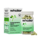 Wholier Supergreens Multi — botella de vidrio, nutrición diaria conveniente para todos.