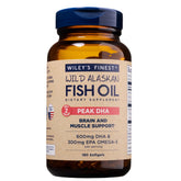 Wiley's Finest Peak DHA, botella frontal, aporte diario de omega-3 para bienestar general.
