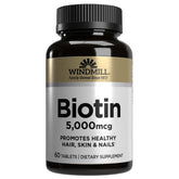 Windmill Biotina 5000 mcg, botella visible para apoyo diario de cabello, piel y uñas.