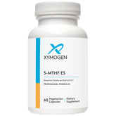 xymogen 5-mthf es, botella de cápsulas, apoyo al metabolismo y energía diaria.