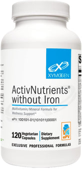 XYMOGEN ActivNutrients sin hierro en bote, apoyo a energía estable durante el día.