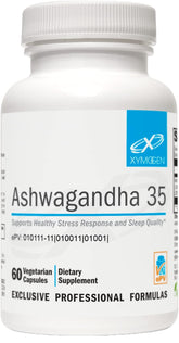 XYMOGEN Ashwagandha 35: botella de cápsulas para uso diario y soporte al estrés.