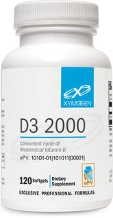 Xymogen D3 2000, botella de cápsulas blandas, ayuda a mantener niveles adecuados de vitamina D.