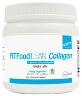 XYMOGEN FIT Colágeno Lean Food, embalaje visible, sabor mocha latte, apoya la recuperación muscular.