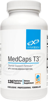 Frasco de XYMOGEN MedCaps T3 con cápsulas para apoyo tiroideo diario.