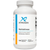 XYMOGEN Nattokinase, botella con cápsulas, enfoque en salud cardiovascular