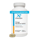 Xymogen Omega MonoPure 650 EC, botella, soporte diario para corazón y cerebro.