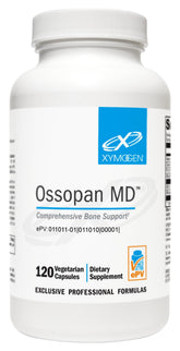 Ossopan MD de XYMOGEN, botella de cápsulas para apoyar la salud ósea.