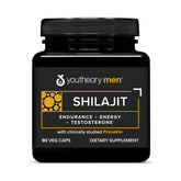 Youtheory Shilajit para hombres, botella de cápsulas y energía diaria.