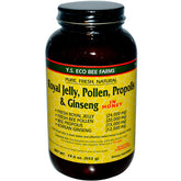 YS Royal Jelly botella derramando miel con jalea real, polen y propóleo para uso diario.
