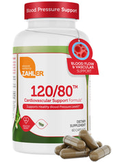 Zahler 120/80 botella de cápsulas para apoyo cardiovascular y bienestar diario.