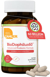 Zahler Biodophilus, botella de 30 cápsulas para apoyo digestivo diario.