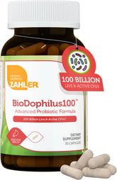 Frasco de Zahler BioDophilus100 en vidrio para uso diario de bienestar digestivo.