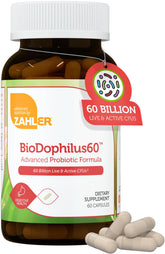 BioDophilus60 de Zahler, cápsulas en botella, posible apoyo a la salud digestiva diaria.