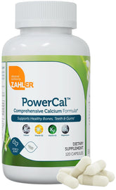 Zahler PowerCal, botella de cápsulas, promoviendo la salud ósea y movilidad diaria.