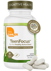 Zahler TeenFocus frasco con 90 cápsulas para concentración en estudio.