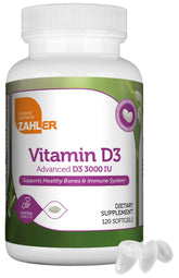 Zahler Vitamina D3 3000 UI, botella de softgels, apoyo diario para huesos y dientes.
