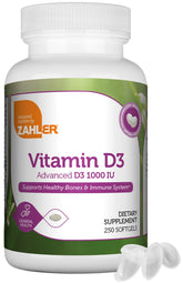 Zahler Vitamina D3 1000 UI en botella para soporte óseo y dental diario.