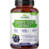 Zazzee extracto semilla de uva 50:1 en botella para apoyo antioxidante diario.