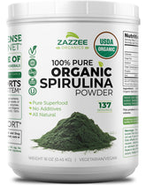 Zazzee Spirulina orgánica en bote de 454 g conserva frescura y aroma.