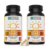 ZHOU D3+K2 cápsulas vegetales para apoyar huesos y dientes saludables.