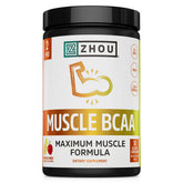 ZHOU Muscle BCAA, botella derramando, apoyo a la función muscular durante entrenamientos.